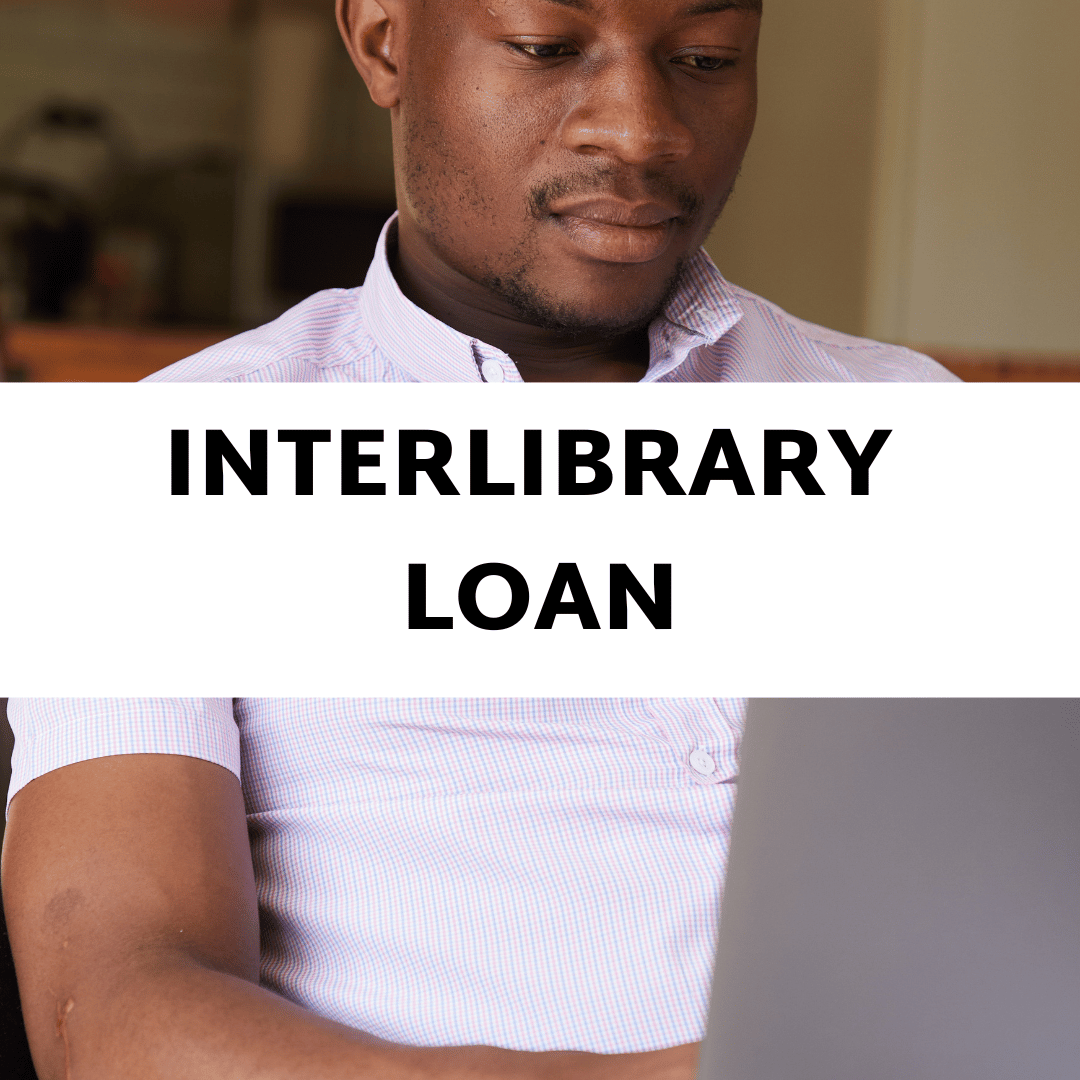 Background photo of student using a laptop with white block in foreground and black text, "Interlibrary Loan"