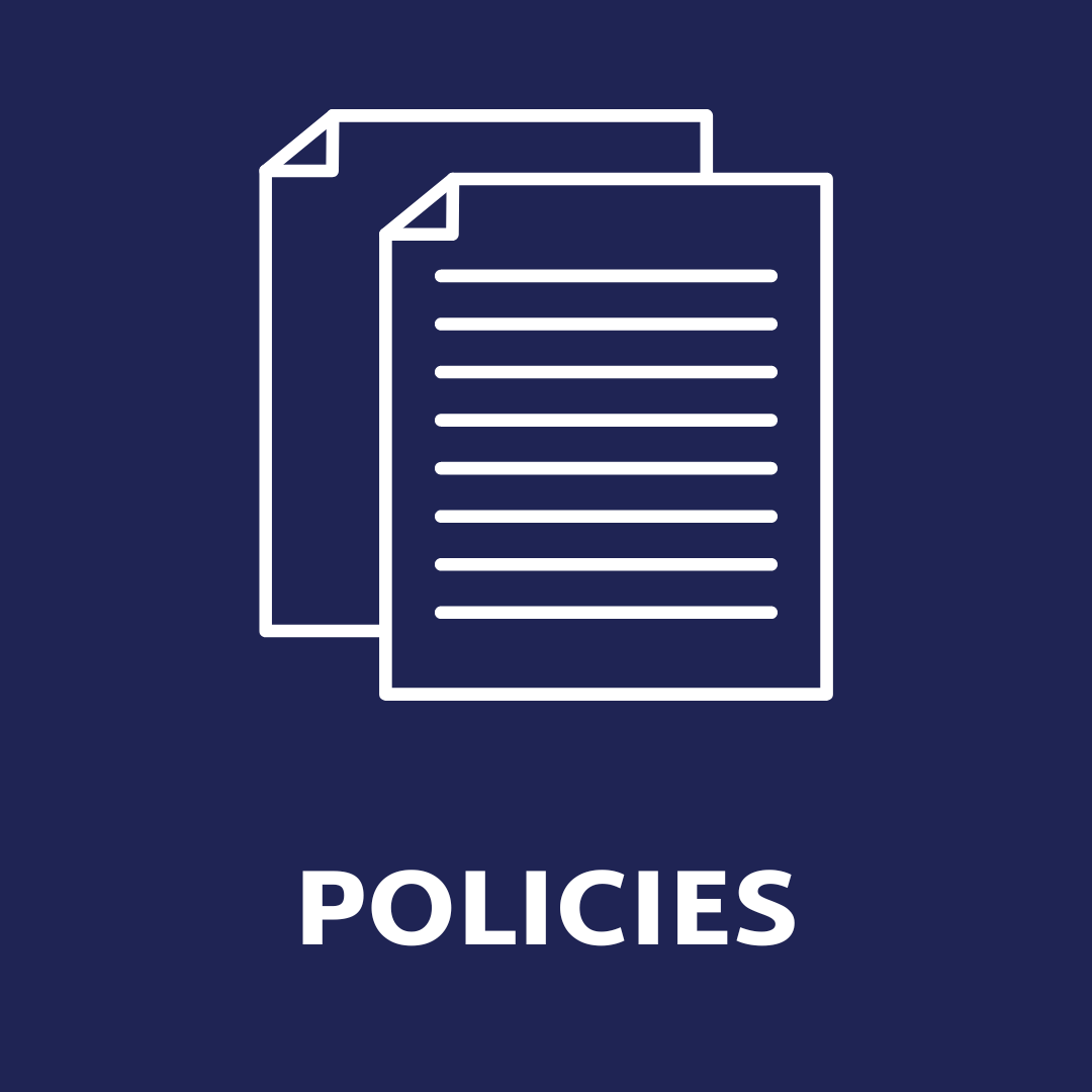 Blue background with white documents icon and white text, Policies