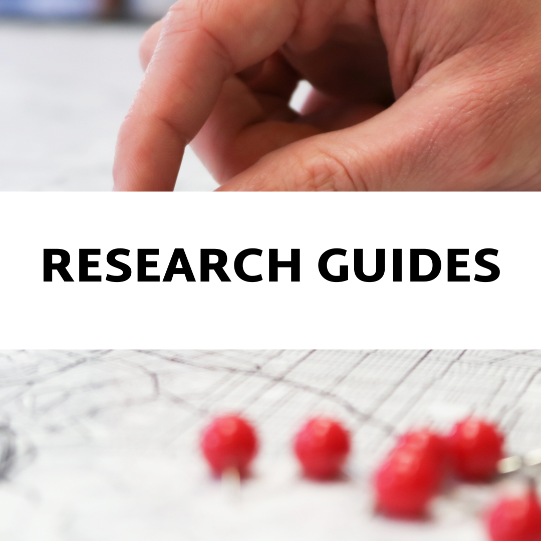 Background image of hand placing pins on a map. White block in foreground with black text, "Research Guides"
