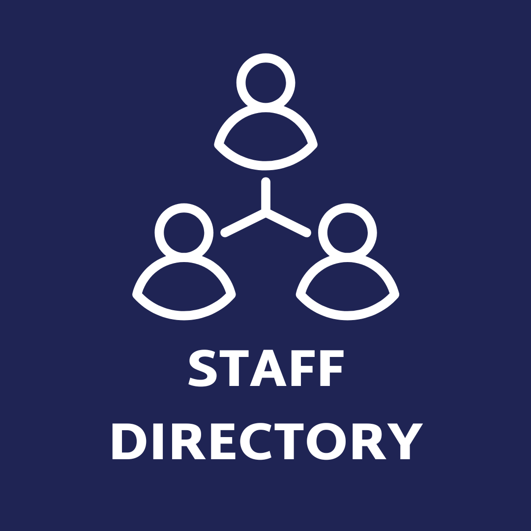 Blue background with white staff icon and white text, Staff Directory