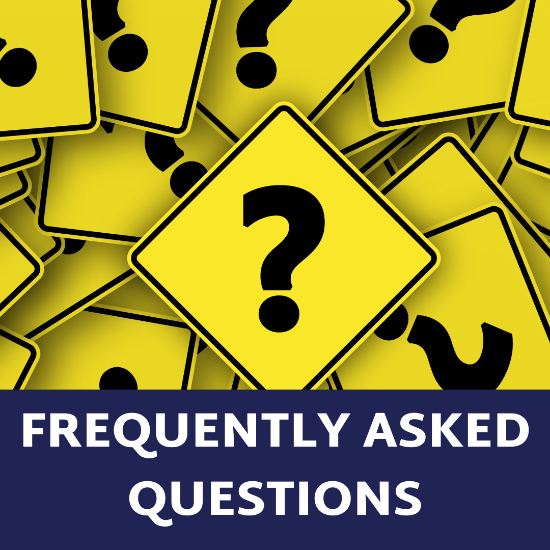Image of multiple signs with question marks. Blue block and white text, Frequently Asked Questions