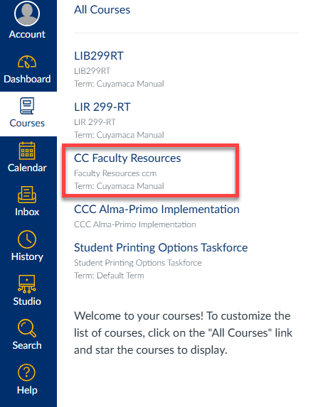CC faculty resource in Canvas courses